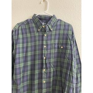 T Harris London Polo button up long sleeve Green square plaid shirt Large